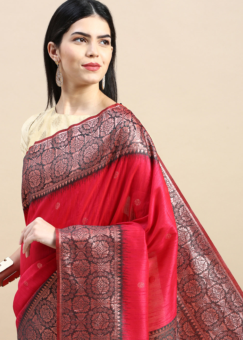 Crayola Red Pink Banarasi Silk Saree with Contrast Zari Accents on Border