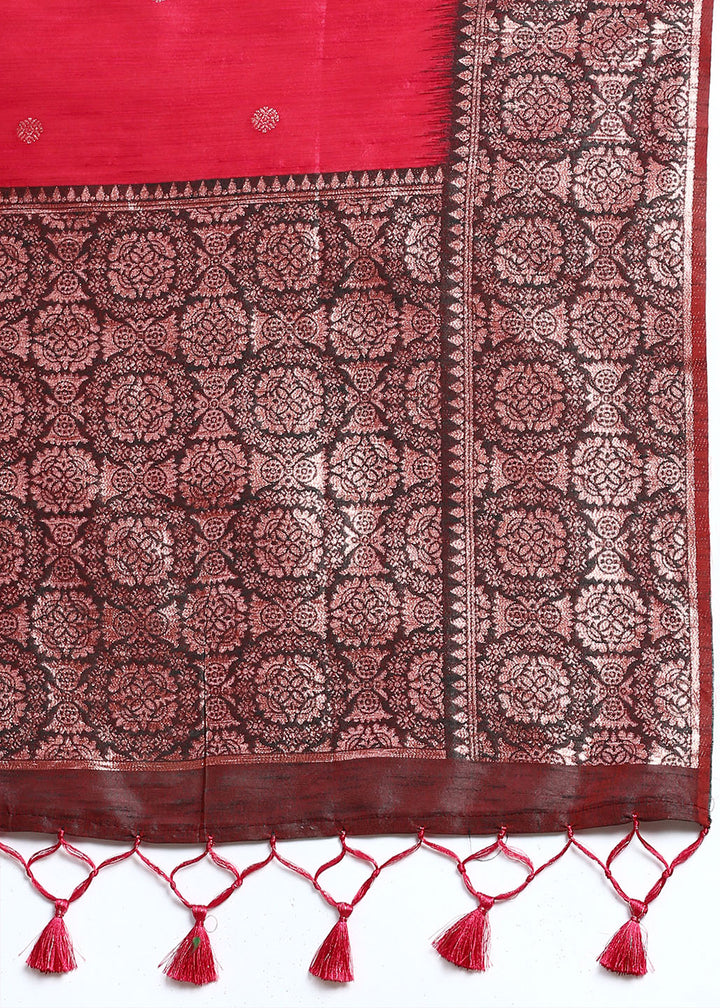 Crayola Red Pink Banarasi Silk Saree with Contrast Zari Accents on Border