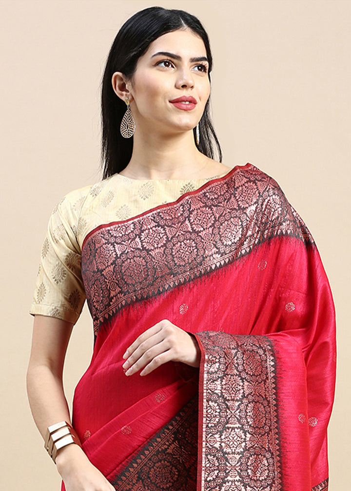 Crayola Red Pink Banarasi Silk Saree with Contrast Zari Accents on Border