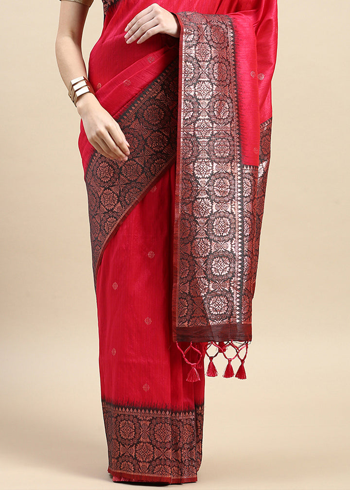 Crayola Red Pink Banarasi Silk Saree with Contrast Zari Accents on Border