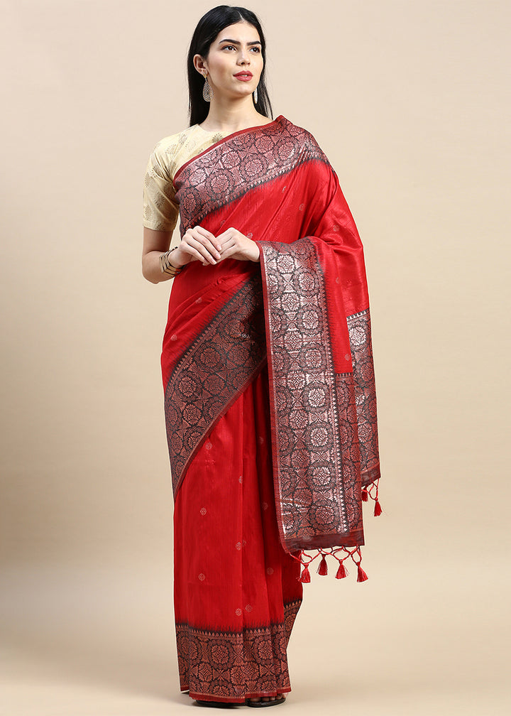 Candy Red Banarasi Silk Saree with Contrast Zari Accents on Border