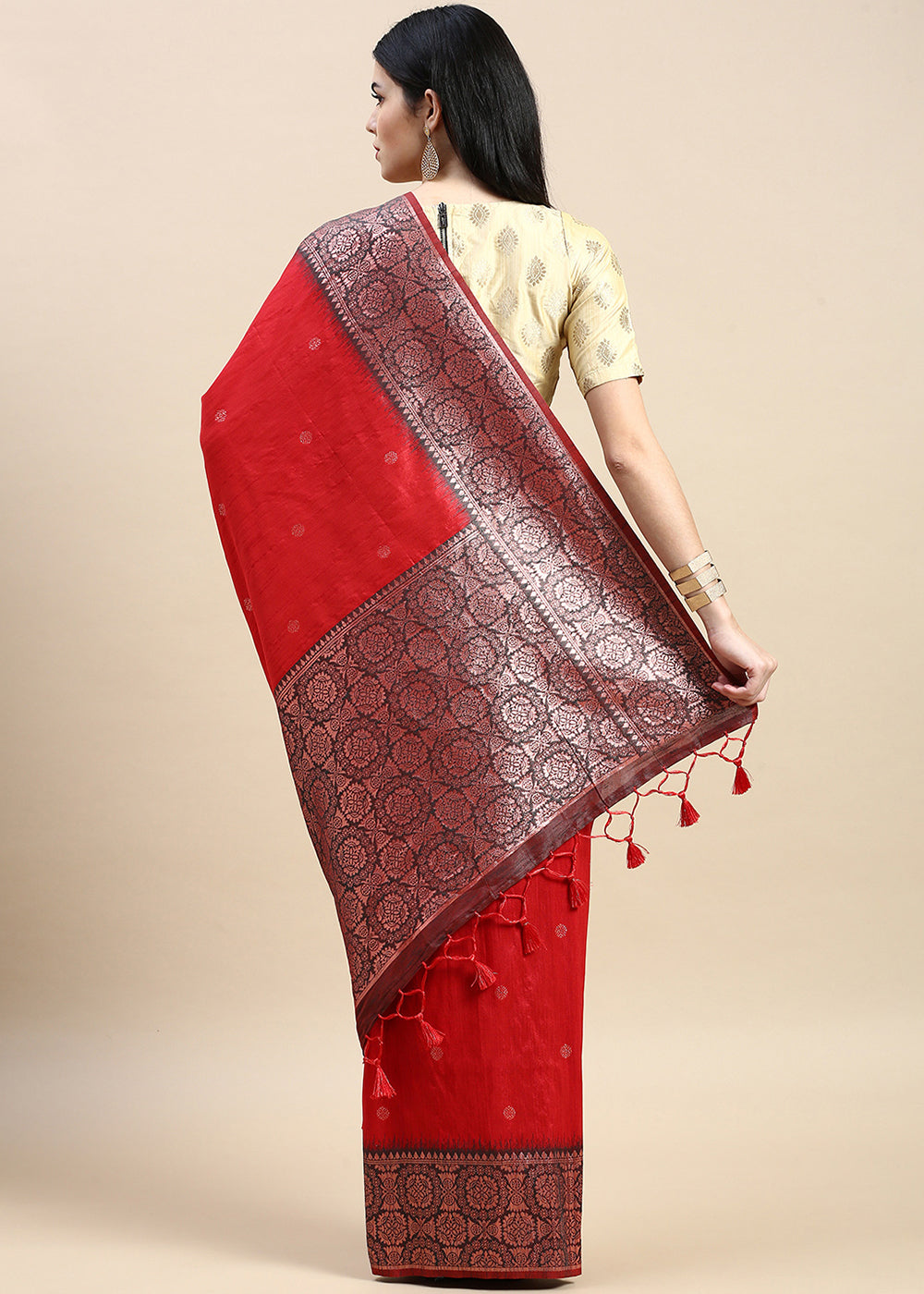 Candy Red Banarasi Silk Saree with Contrast Zari Accents on Border