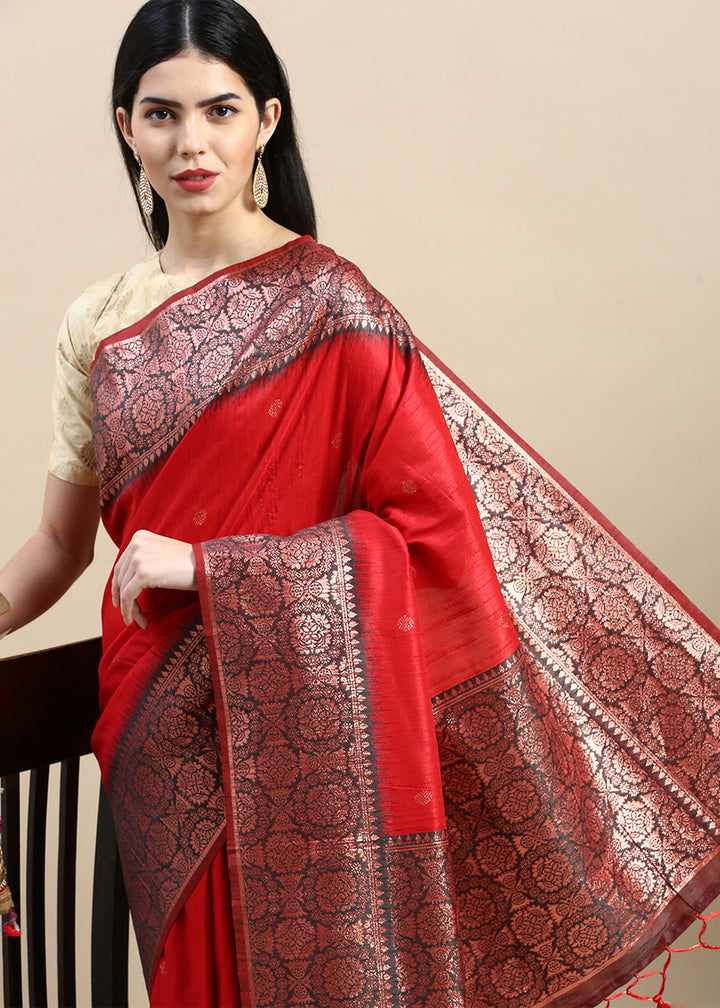 Candy Red Banarasi Silk Saree with Contrast Zari Accents on Border