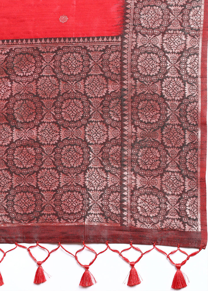 Candy Red Banarasi Silk Saree with Contrast Zari Accents on Border