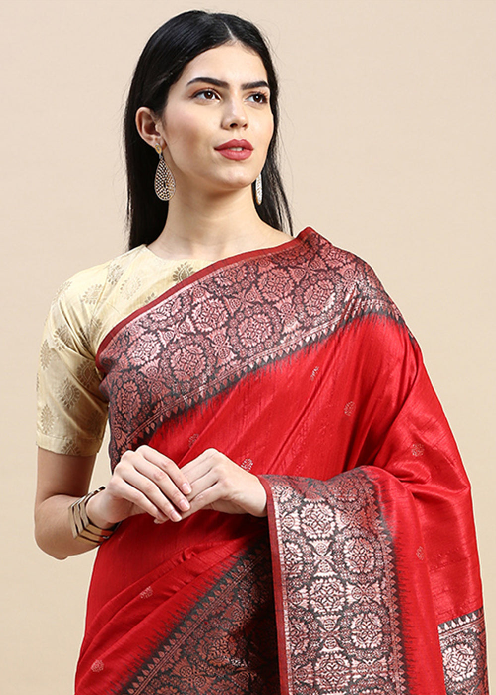 Candy Red Banarasi Silk Saree with Contrast Zari Accents on Border