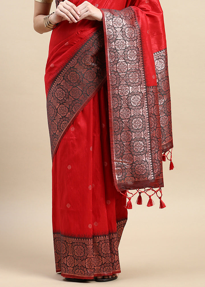 Candy Red Banarasi Silk Saree with Contrast Zari Accents on Border