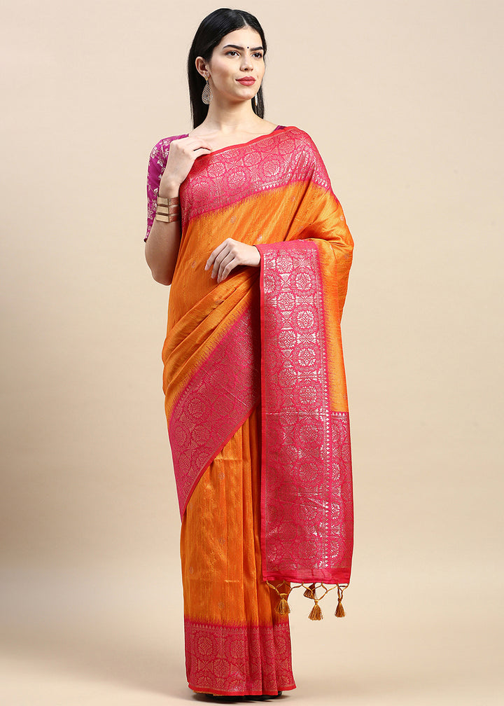 Saffron Yellow Banarasi Silk Saree with Contrast Zari Accents on Border