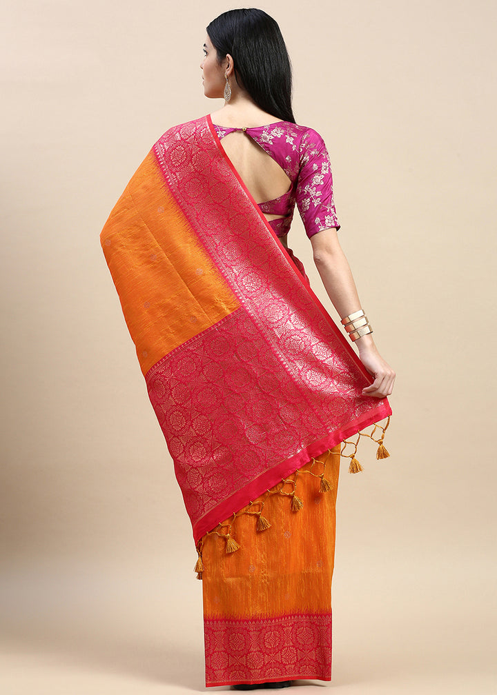 Saffron Yellow Banarasi Silk Saree with Contrast Zari Accents on Border