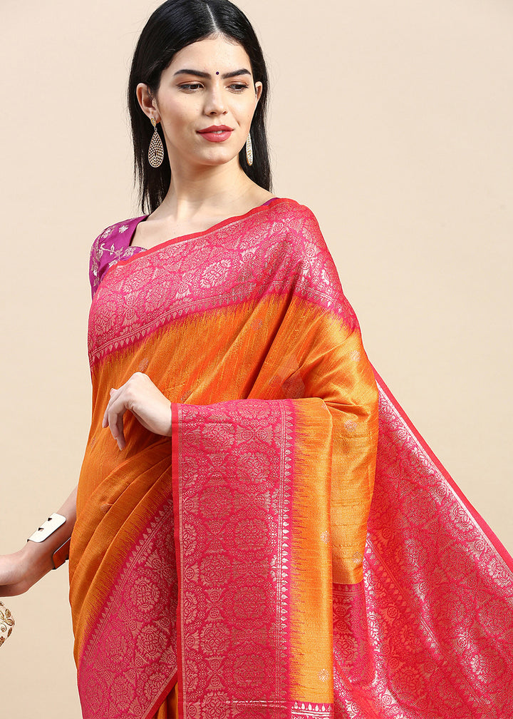 Saffron Yellow Banarasi Silk Saree with Contrast Zari Accents on Border