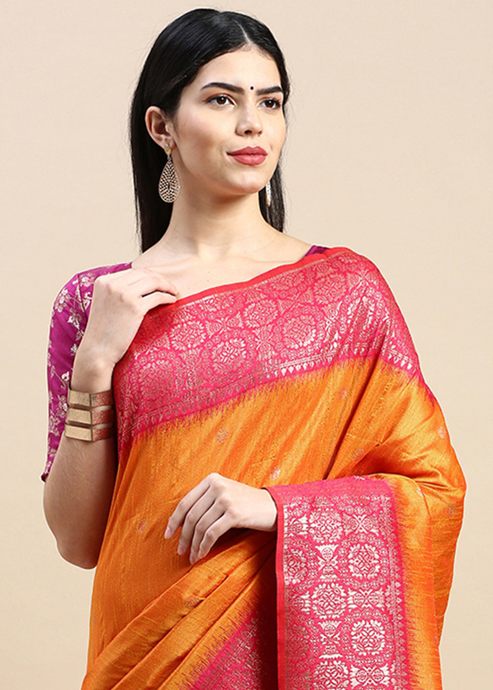 Saffron Yellow Banarasi Silk Saree with Contrast Zari Accents on Border