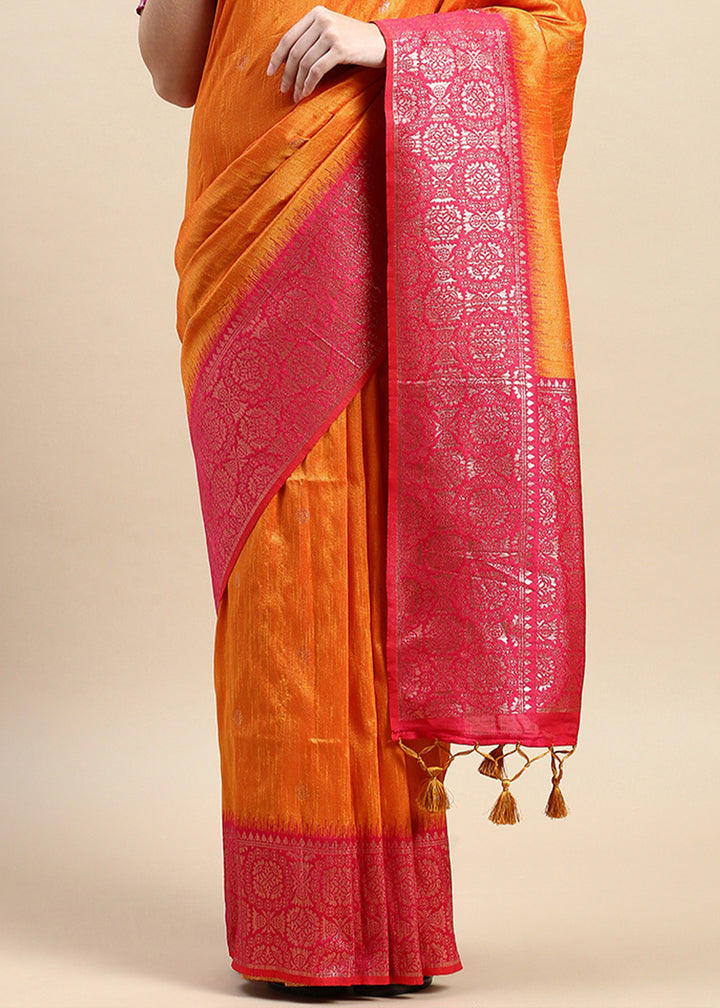 Saffron Yellow Banarasi Silk Saree with Contrast Zari Accents on Border