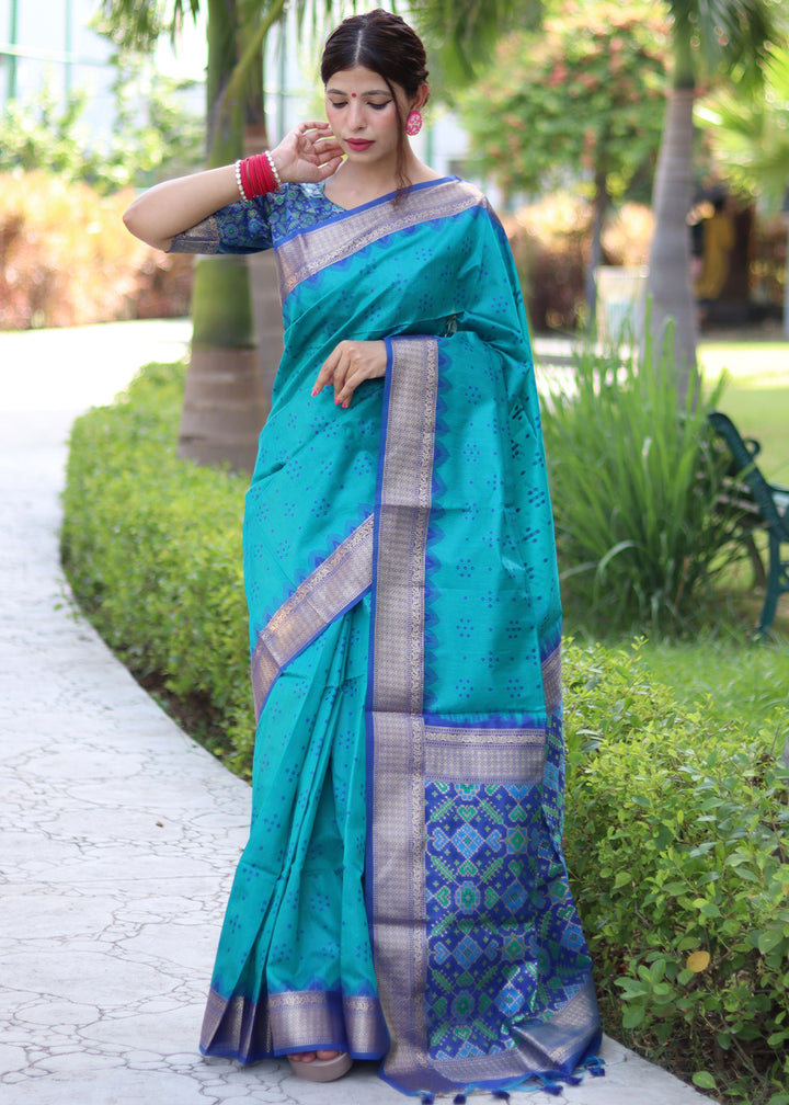 Cerulean Blue Raw Silk Saree with Intricate Patola Print & Zari Pallu