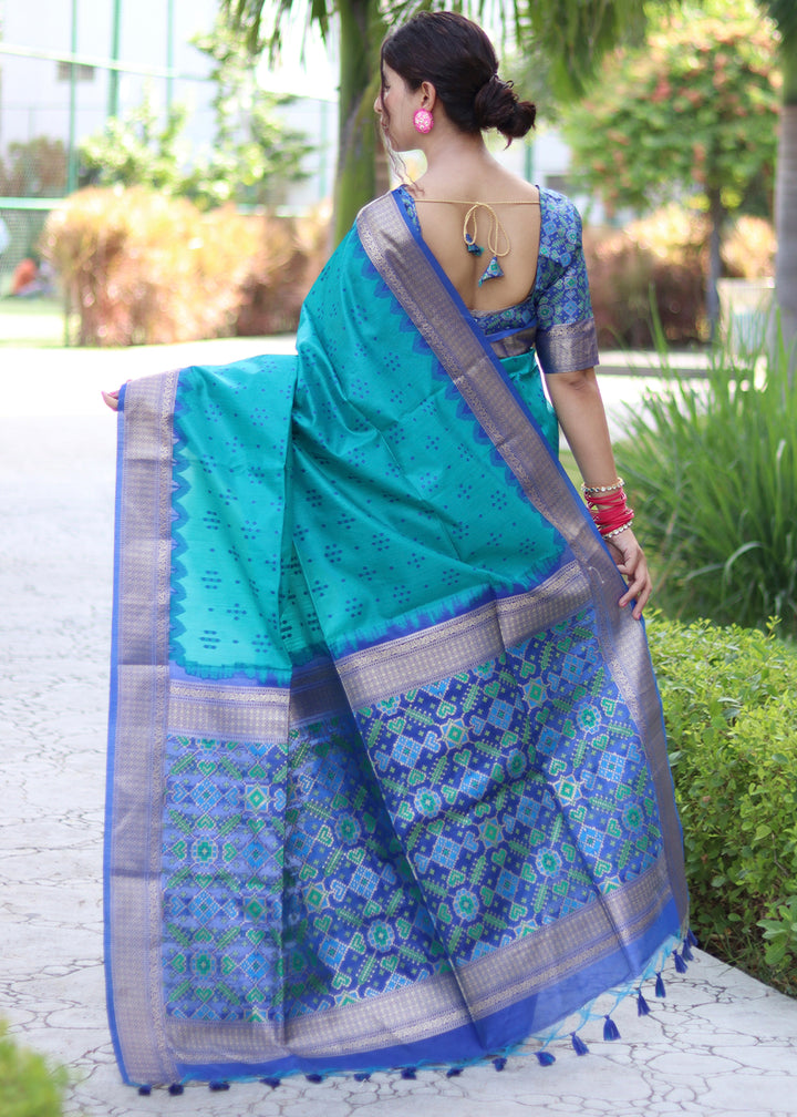 Cerulean Blue Raw Silk Saree with Intricate Patola Print & Zari Pallu