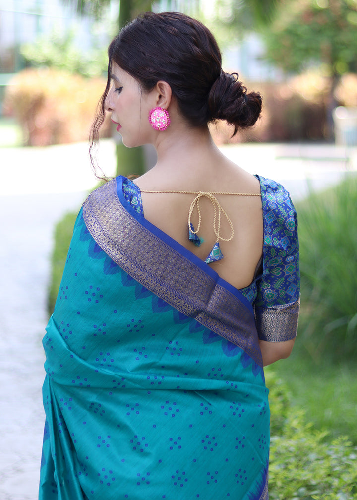 Cerulean Blue Raw Silk Saree with Intricate Patola Print & Zari Pallu