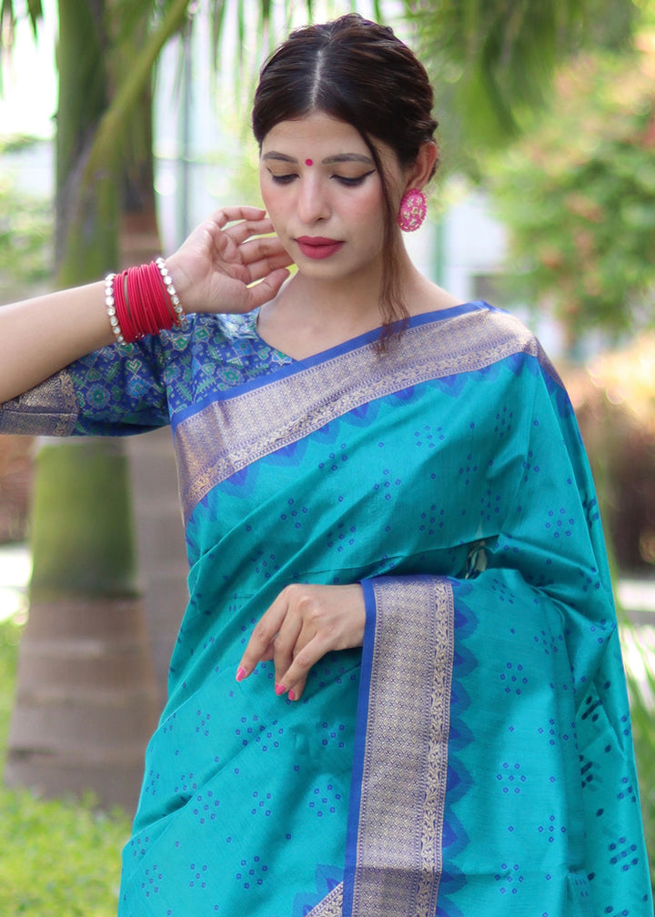 Cerulean Blue Raw Silk Saree with Intricate Patola Print & Zari Pallu