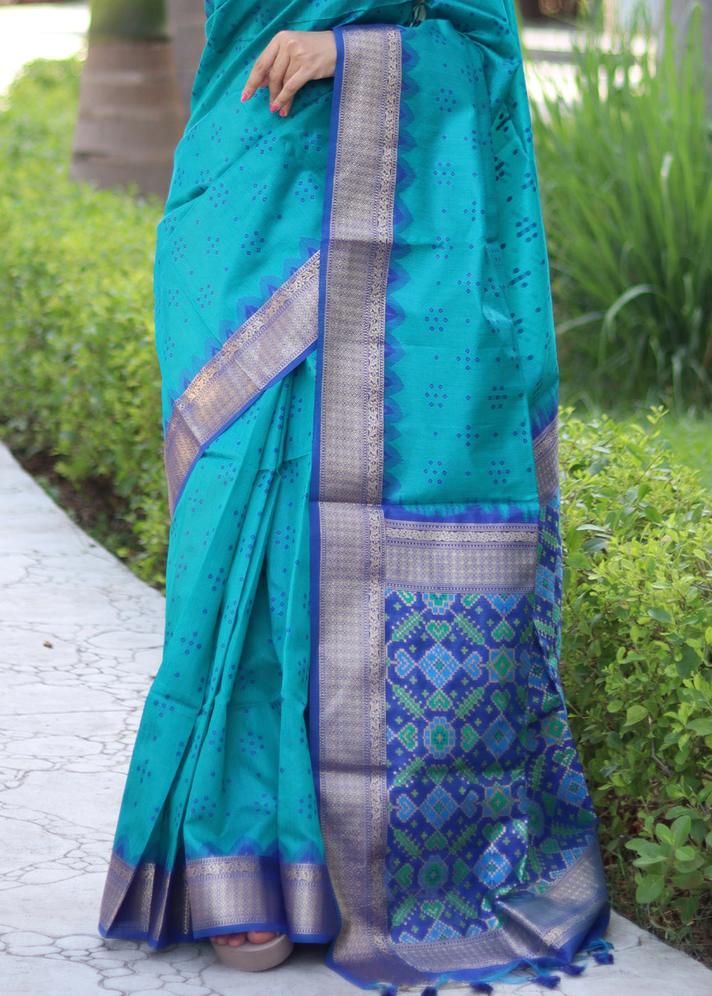 Cerulean Blue Raw Silk Saree with Intricate Patola Print & Zari Pallu