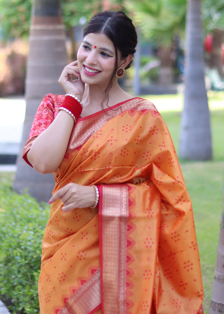 Pumpkin Orange Raw Silk Saree with Intricate Patola Print & Zari Pallu