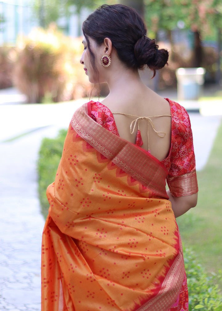 Pumpkin Orange Raw Silk Saree with Intricate Patola Print & Zari Pallu