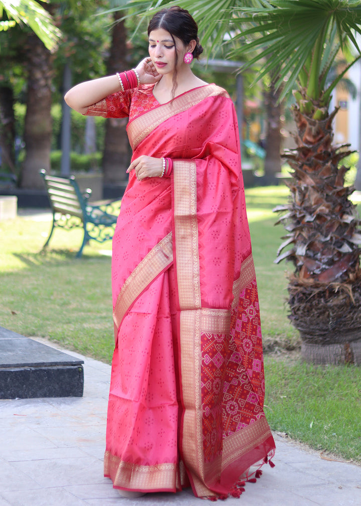 Hot Pink Raw Silk Saree with Intricate Patola Print & Zari Pallu