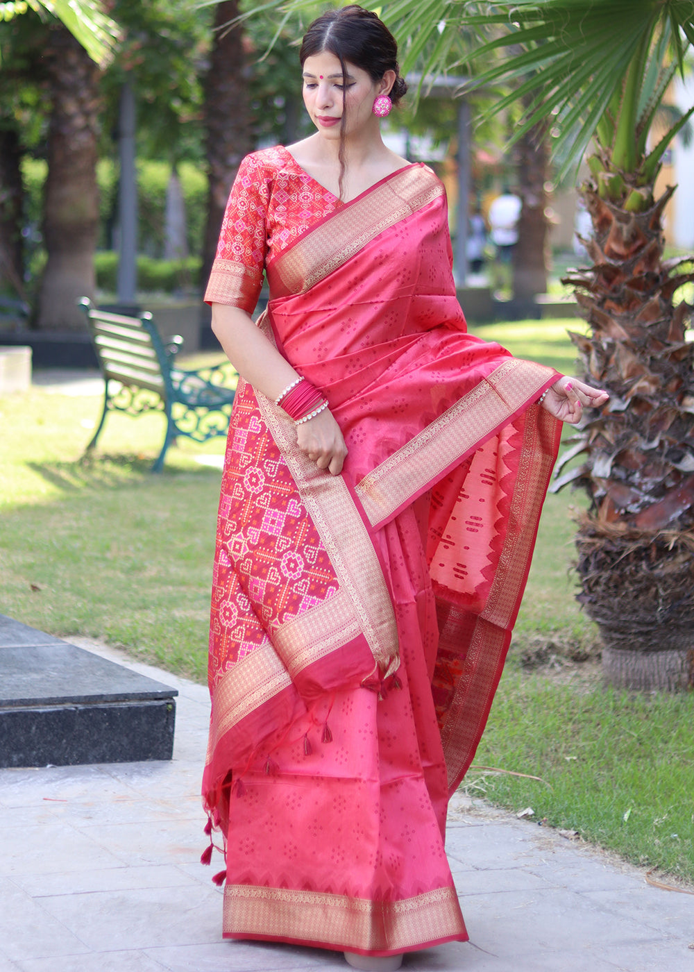 Hot Pink Raw Silk Saree with Intricate Patola Print & Zari Pallu