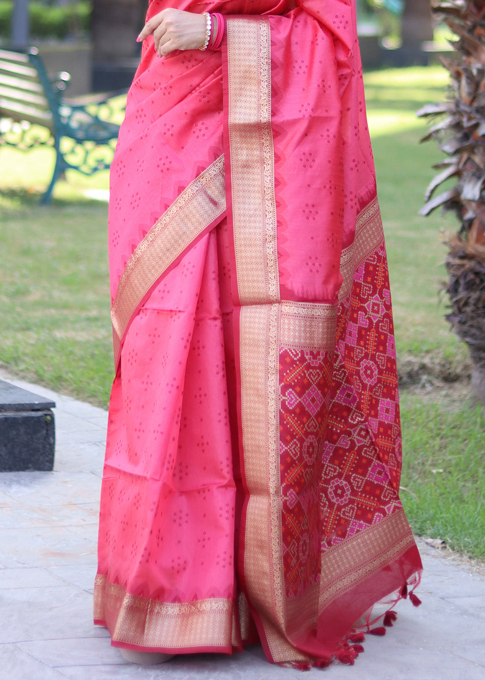 Hot Pink Raw Silk Saree with Intricate Patola Print & Zari Pallu