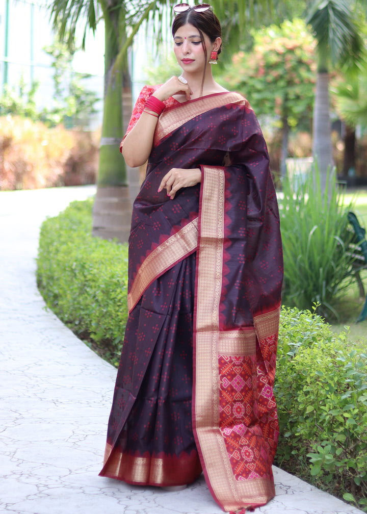 Deep Purple Raw Silk Saree with Intricate Patola Print & Zari Pallu