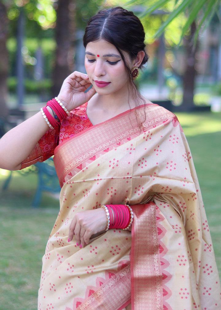 Cream White Raw Silk Saree with Intricate Patola Print & Zari Pallu