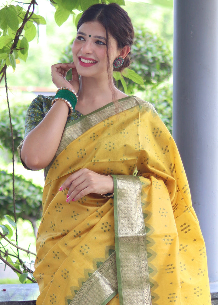 Aureolin Yellow Raw Silk Saree with Intricate Patola Print & Zari Pallu