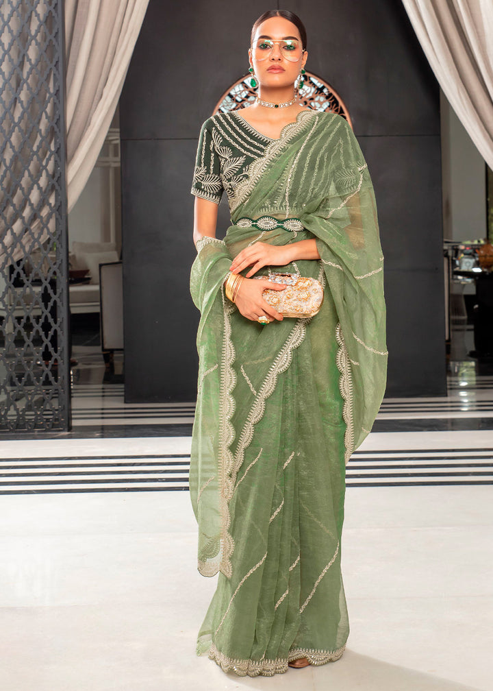 Chic Dollar Bill Green Organza Saree with Detailed Embroidery