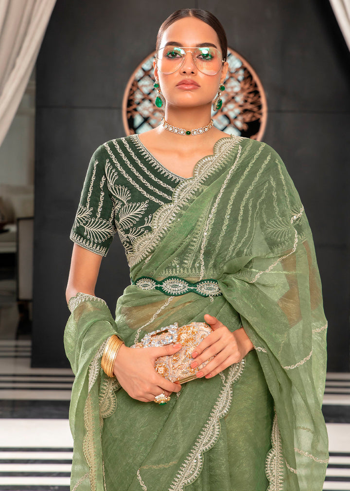 Chic Dollar Bill Green Organza Saree with Detailed Embroidery