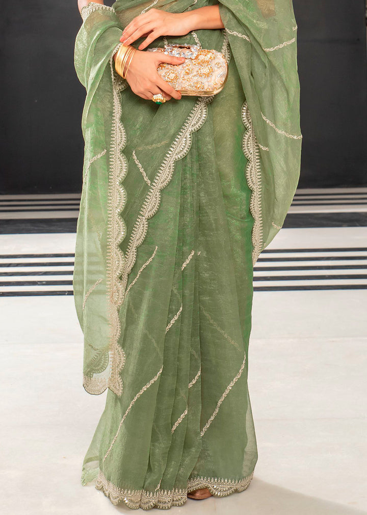 Chic Dollar Bill Green Organza Saree with Detailed Embroidery