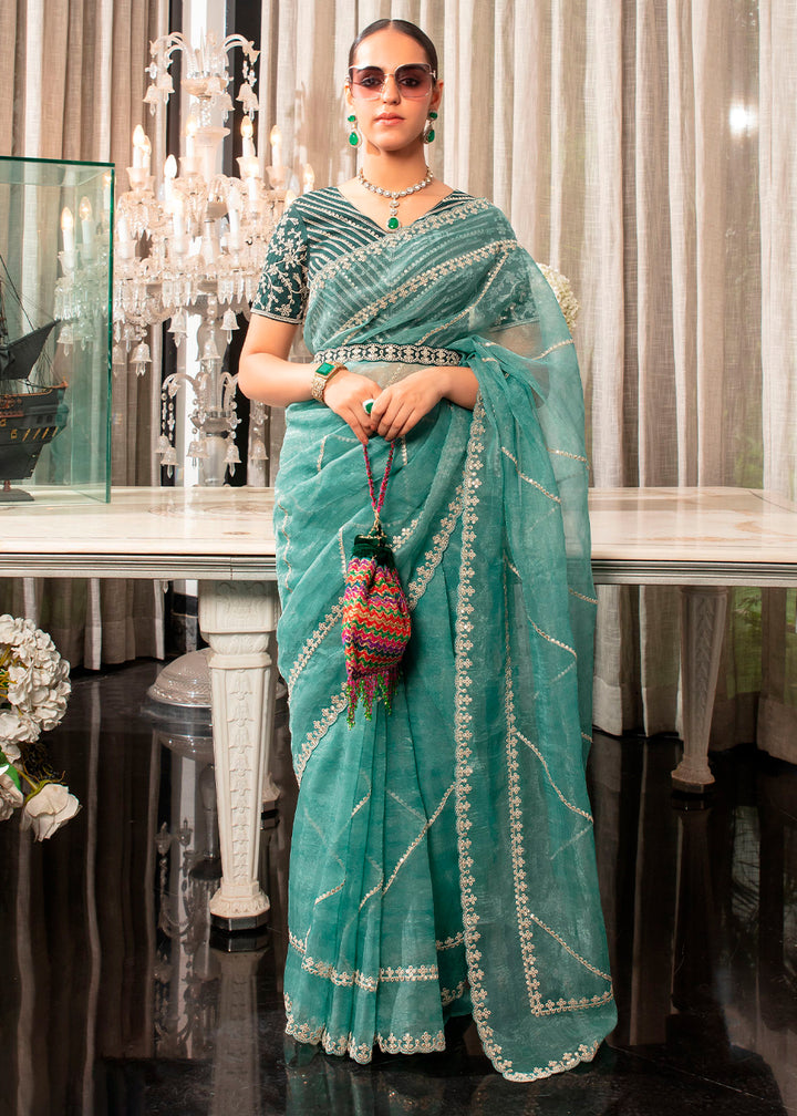 Chic Maximum Blue Organza Saree with Detailed Embroidery