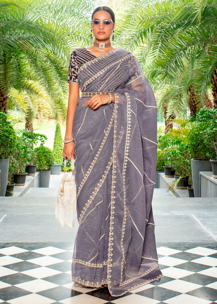 Chic Rhythm Grey Organza Saree with Detailed Embroidery