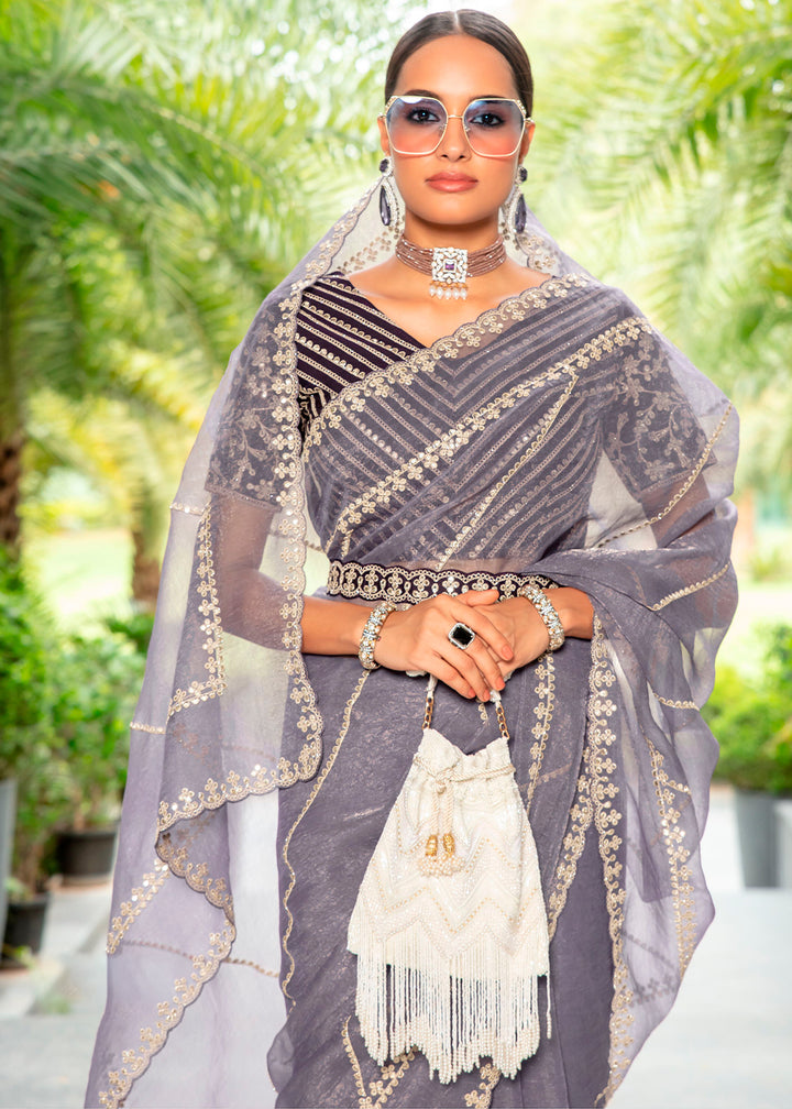 Chic Rhythm Grey Organza Saree with Detailed Embroidery