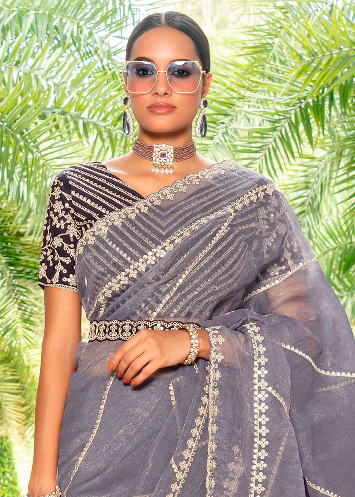 Chic Rhythm Grey Organza Saree with Detailed Embroidery