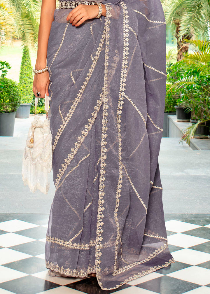 Chic Rhythm Grey Organza Saree with Detailed Embroidery