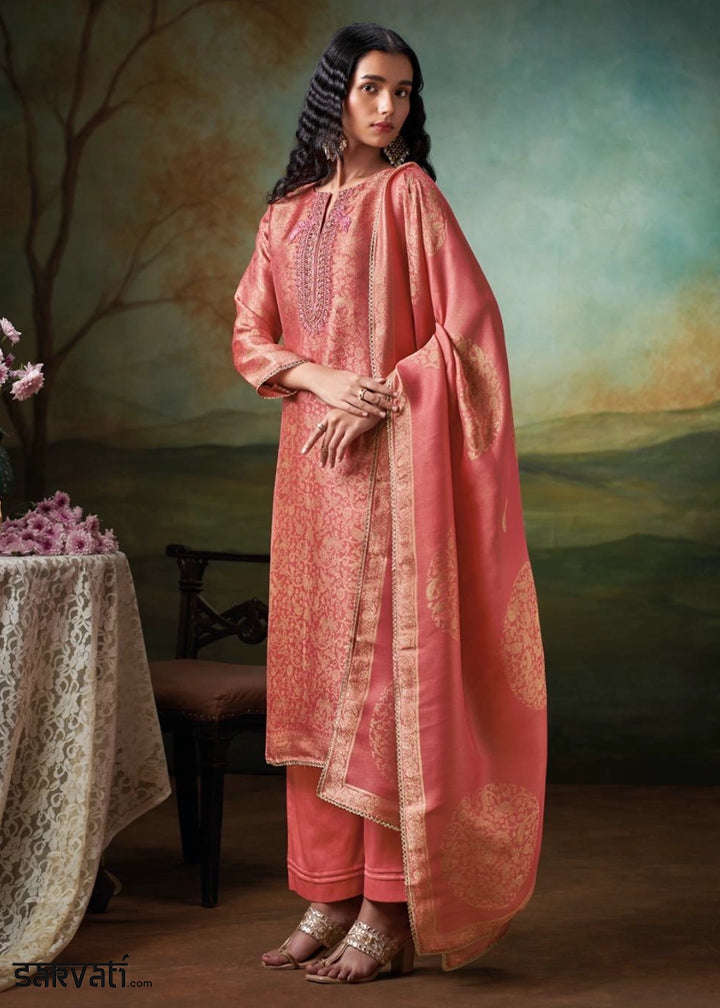 Orange Red Jacquard Silk Salwar Suit with Intricate Embroidery Work