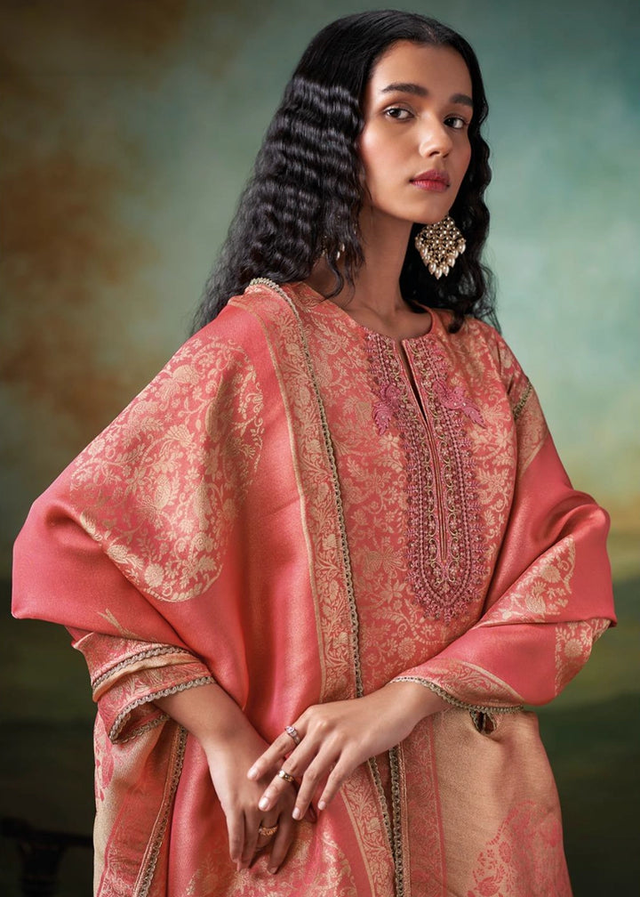 Orange Red Jacquard Silk Salwar Suit with Intricate Embroidery Work