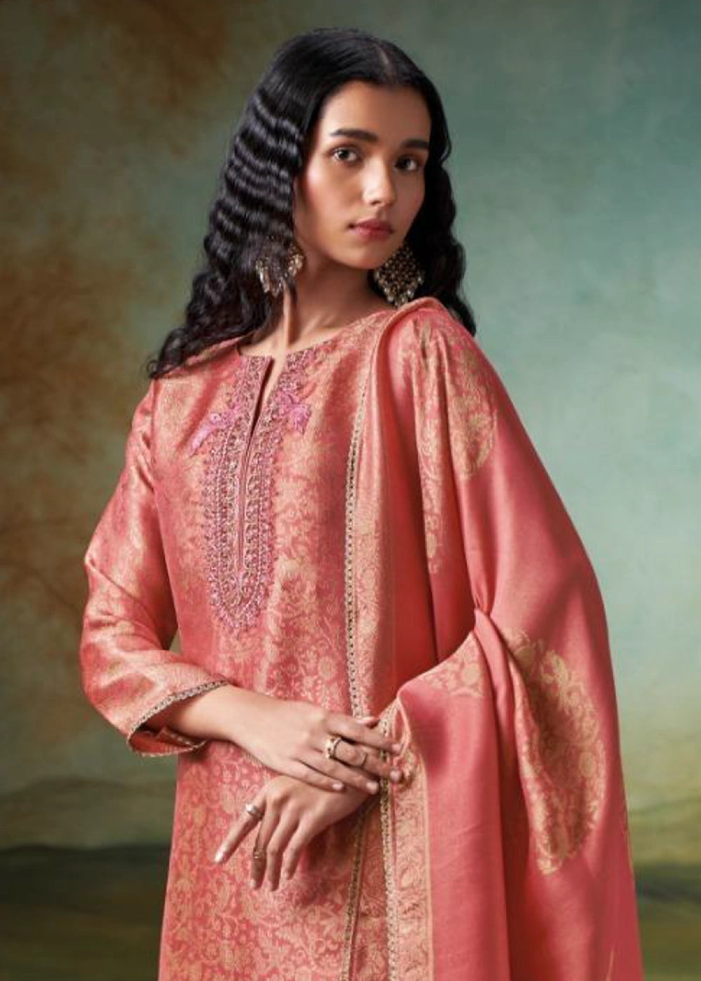 Orange Red Jacquard Silk Salwar Suit with Intricate Embroidery Work