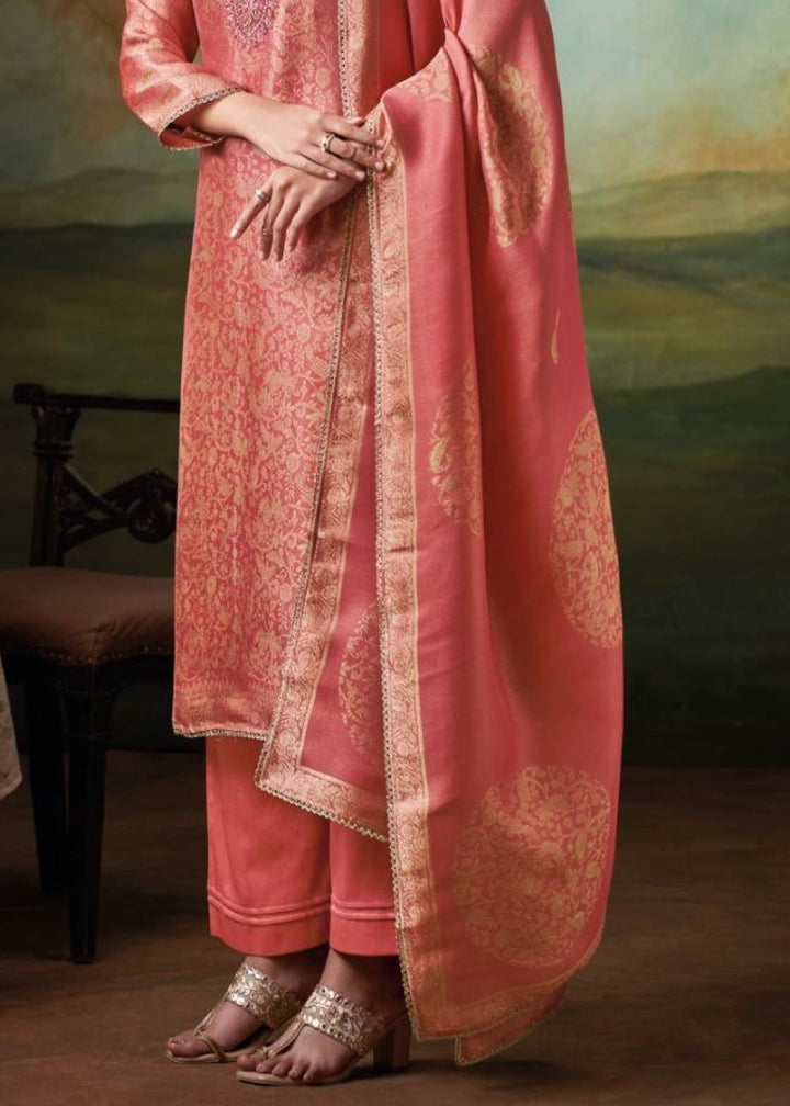 Orange Red Jacquard Silk Salwar Suit with Intricate Embroidery Work