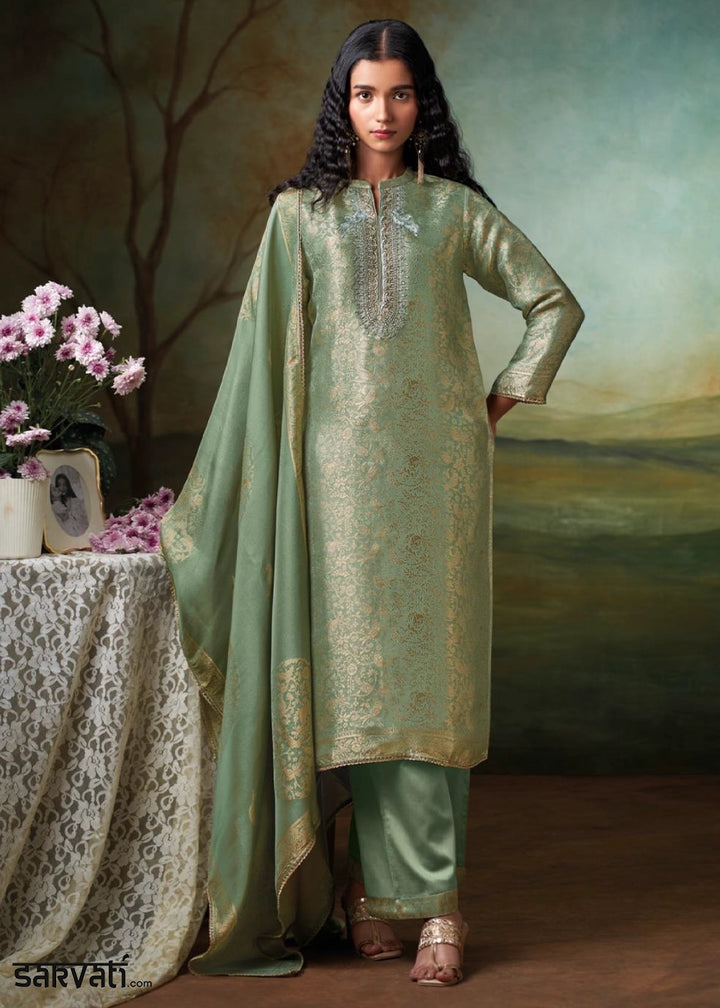 Fern Green Jacquard Silk Salwar Suit with Intricate Embroidery Work