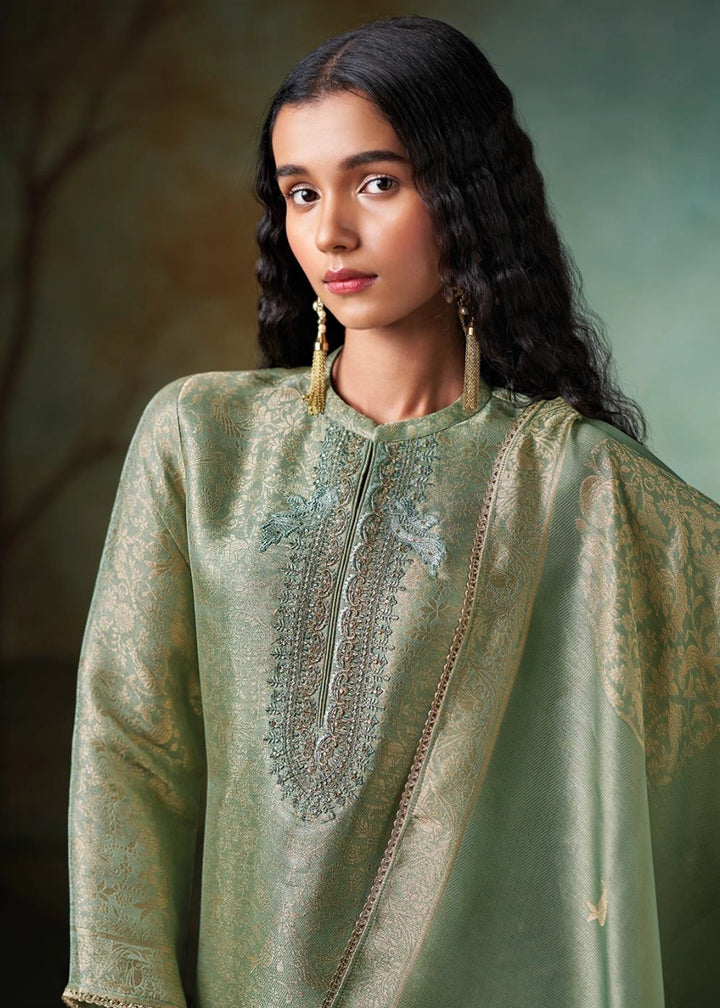 Fern Green Jacquard Silk Salwar Suit with Intricate Embroidery Work
