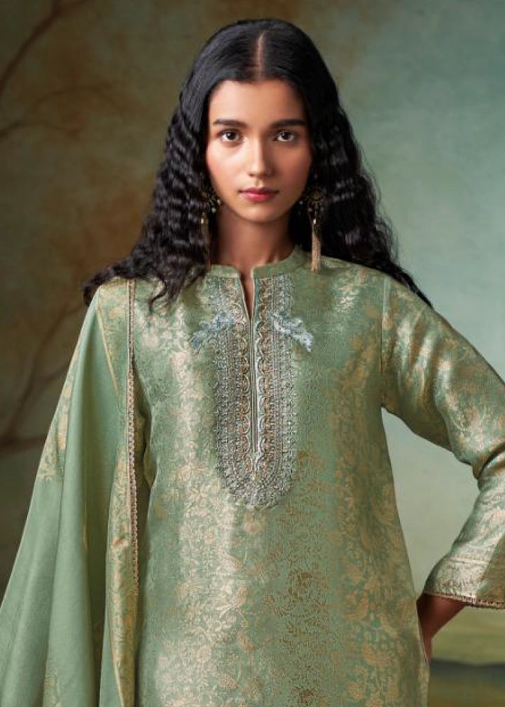 Fern Green Jacquard Silk Salwar Suit with Intricate Embroidery Work