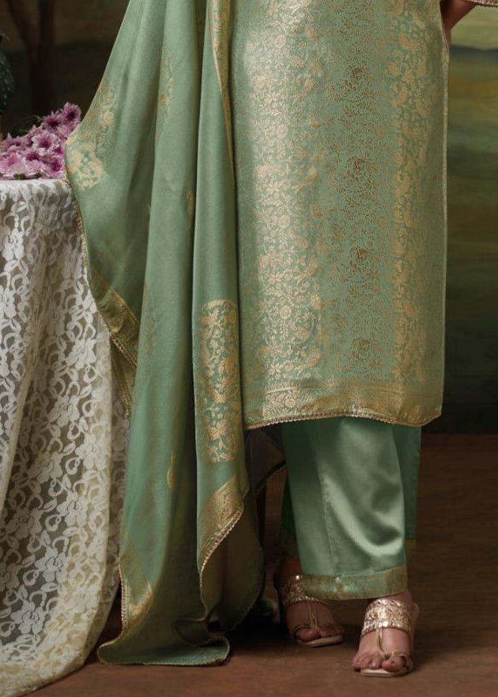 Fern Green Jacquard Silk Salwar Suit with Intricate Embroidery Work
