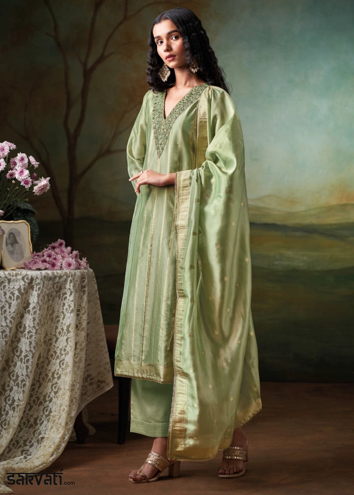 Pistachio Green Jacquard Silk Salwar Suit with Intricate Embroidery Work