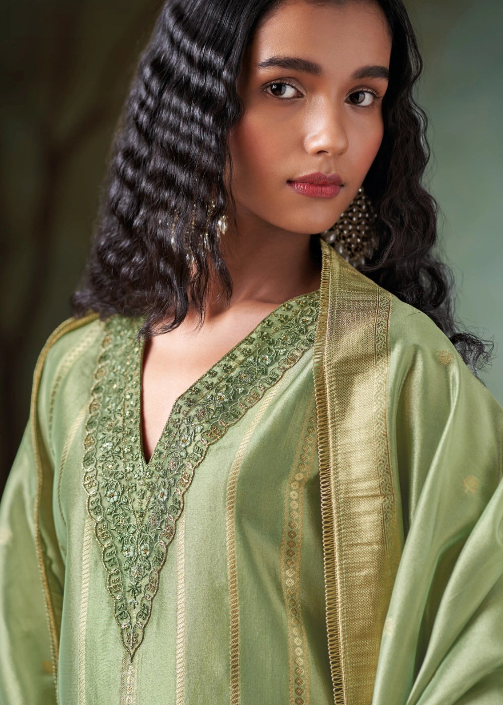 Pistachio Green Jacquard Silk Salwar Suit with Intricate Embroidery Work
