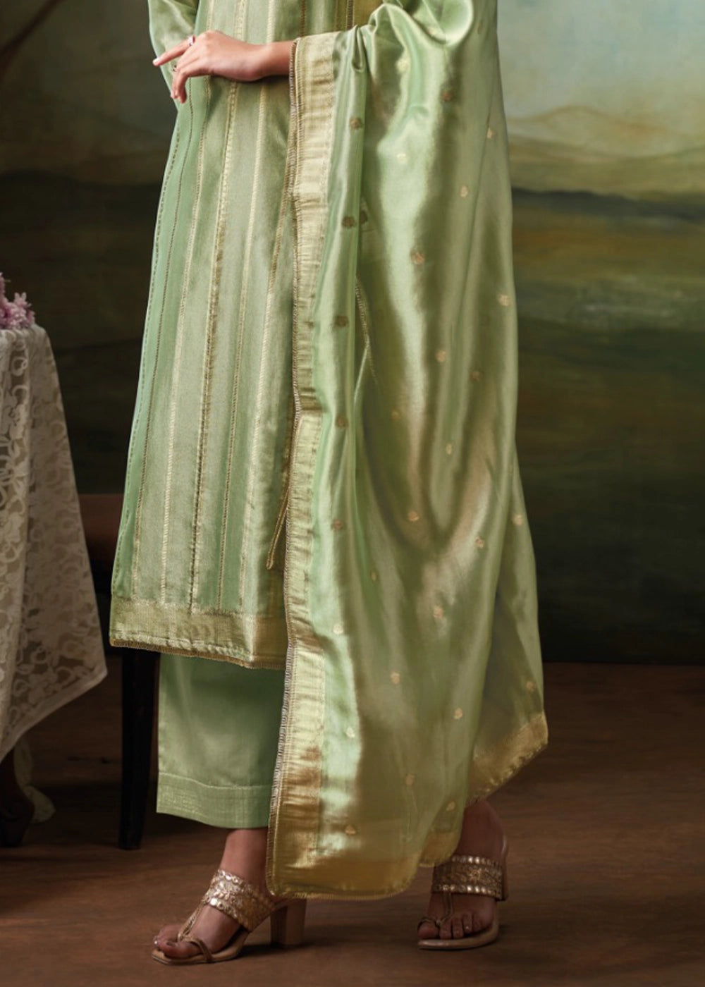 Pistachio Green Jacquard Silk Salwar Suit with Intricate Embroidery Work