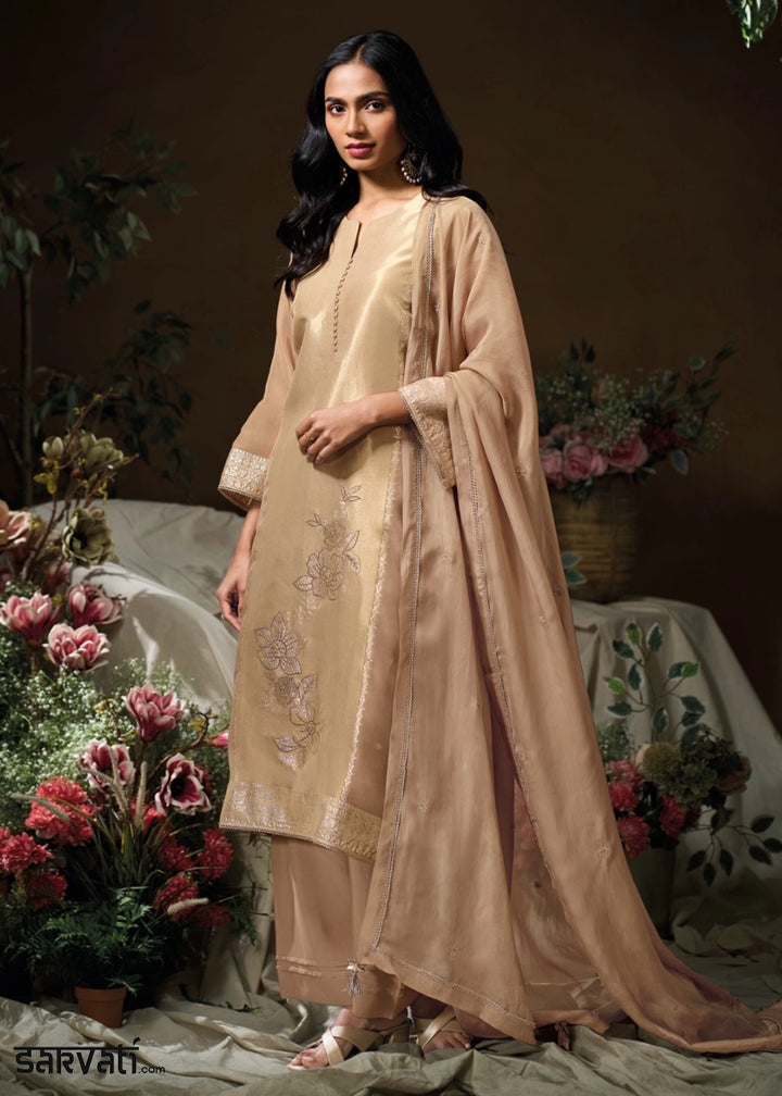 Light Brown Jacquard Silk Salwar Suit with Intricate Embroidery Work