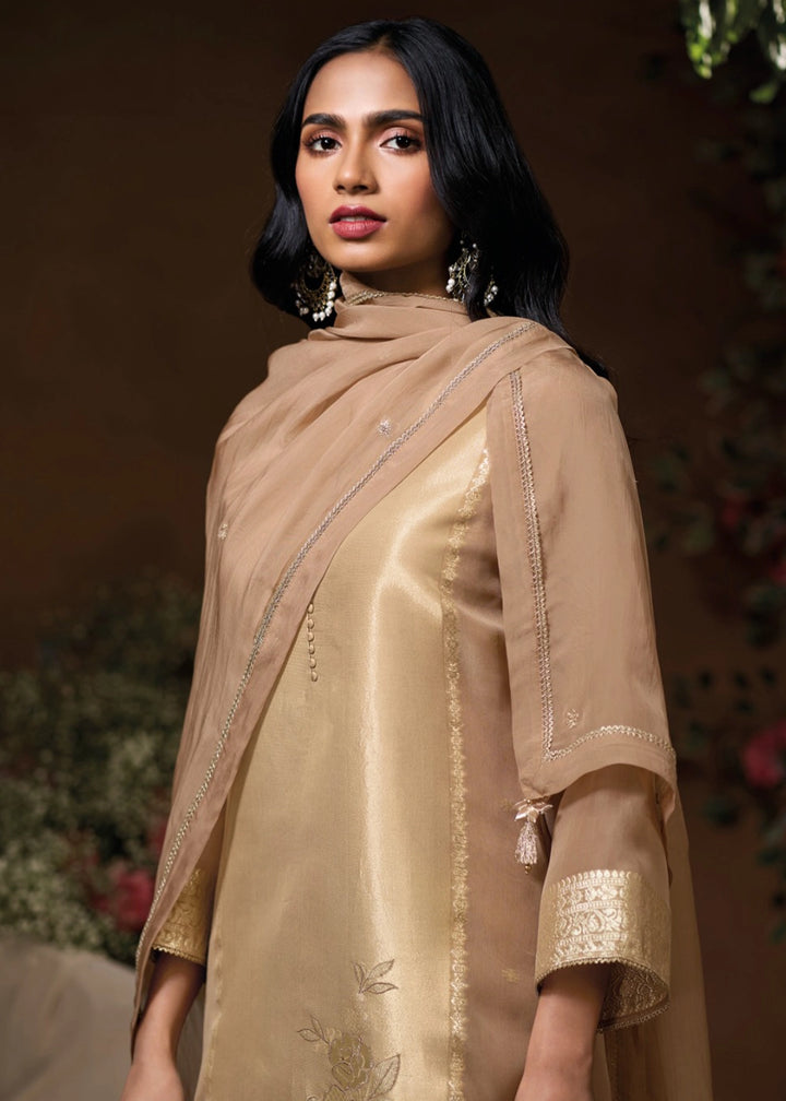 Light Brown Jacquard Silk Salwar Suit with Intricate Embroidery Work
