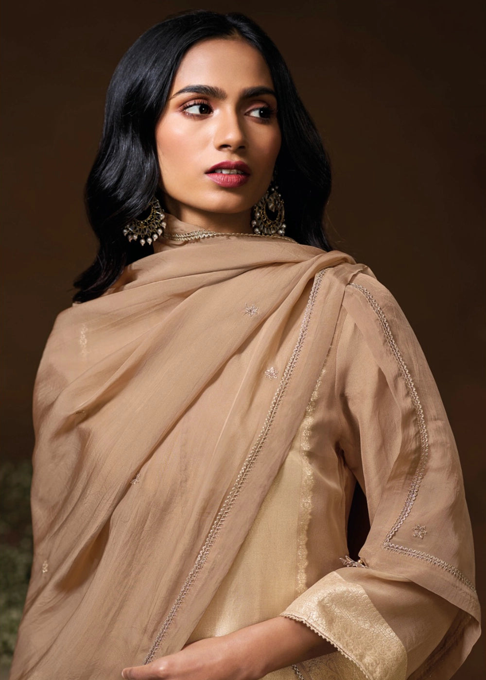 Light Brown Jacquard Silk Salwar Suit with Intricate Embroidery Work